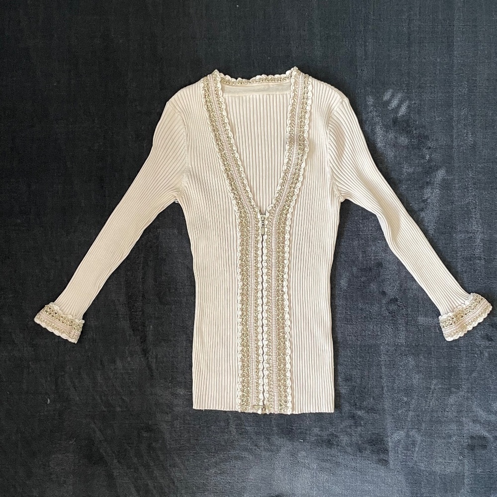 Vintage Y2K Silk Rib Knit Zip Cardigan Lurex Trim